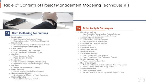 Table Of Contents Of Project Management Modelling Techniques IT Data Diagrams PDF