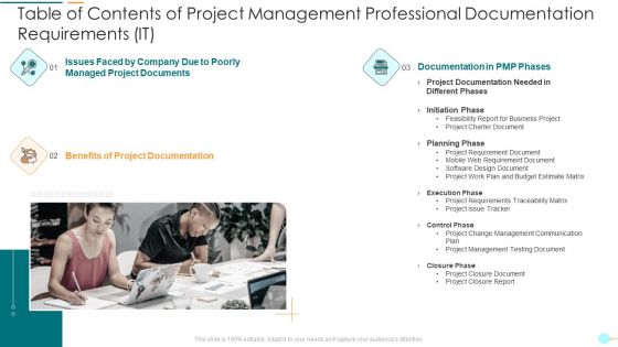 Table Of Contents Of Project Management Professional Documentation Requirements It Background PDF