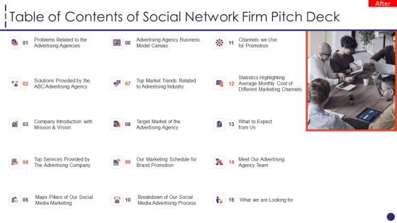 Table Of Contents Of Social Network Firm Pitch Deck Slides PDF