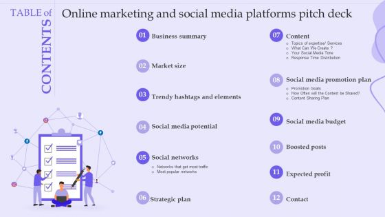 Table Of Contents Online Marketing And Social Media Platforms Pitch Deck Graphics PDF Table Of Contents Online Marketing And Social Media Platforms Pitch Deck Graphics PDF
