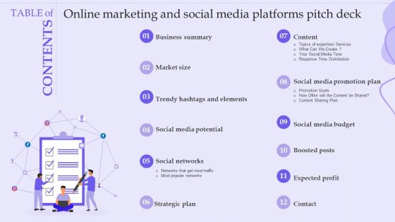 Table Of Contents Online Marketing And Social Media Platforms Pitch Deck Graphics PDF