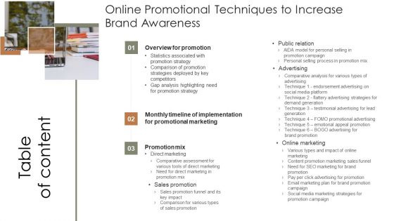 Table Of Contents Online Promotional Techniques To Increase Brand Awareness Template PDF
