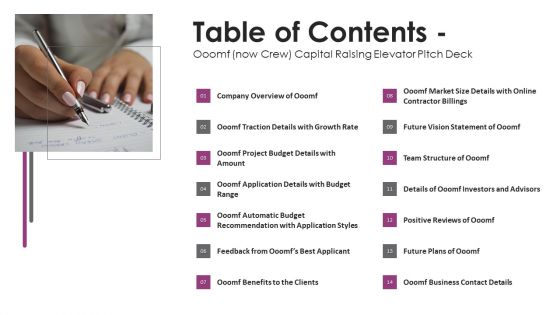 Table Of Contents Ooomf Now Crew Capital Raising Elevator Pitch Deck Introduction Topics PDF