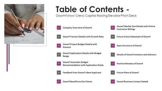 Table Of Contents Ooomf Now Crew Capital Raising Elevator Pitch Deck Introduction Topics PDF Table Of Contents Ooomf Now Crew Capital Raising Elevator Pitch Deck Introduction Topics PDF