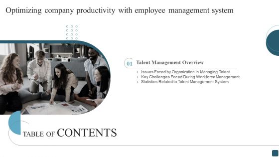 Table Of Contents Optimizing Company Productivity With Employee Management System Information PDF