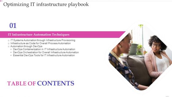 Table Of Contents Optimizing IT Infrastructure Playbook Slide Download PDF