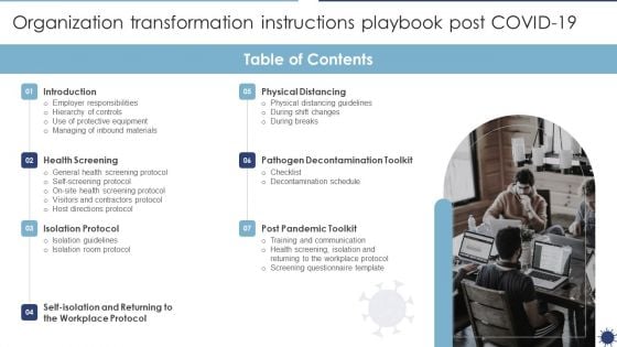 Table Of Contents Organization Transformation Instructions Playbook Post COVID19 Infographics PDF