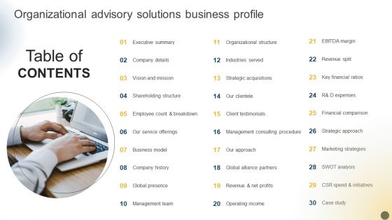 Table Of Contents Organizational Advisory Solutions Business Demonstration PDF Table Of Contents Organizational Advisory Solutions Business Demonstration PDF