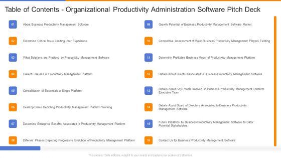 Table Of Contents Organizational Productivity Administration Software Pitch Deck Background PDF Table Of Contents Organizational Productivity Administration Software Pitch Deck Background PDF