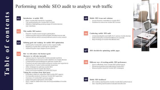 Table Of Contents Performing Mobile SEO Audit To Analyze Web Traffic Guidelines PDF