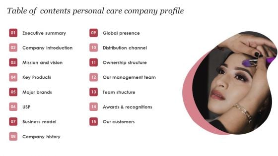 Table Of Contents Personal Care Company Profile Ppt PowerPoint Presentation File Example File PDF