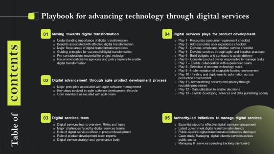 Table Of Contents Playbook For Advancing Technology Through Digital Services Elements PDF