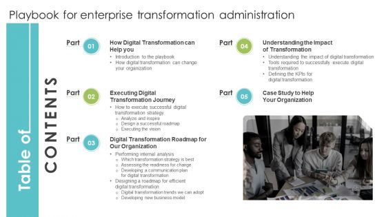 Table Of Contents Playbook For Enterprise Transformation Administration Mockup PDF