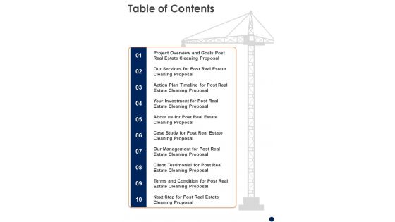 Table Of Contents Post Real Estate Cleaning Proposal One Pager Sample Example Document Table Of Contents Post Real Estate Cleaning Proposal One Pager Sample Example Document