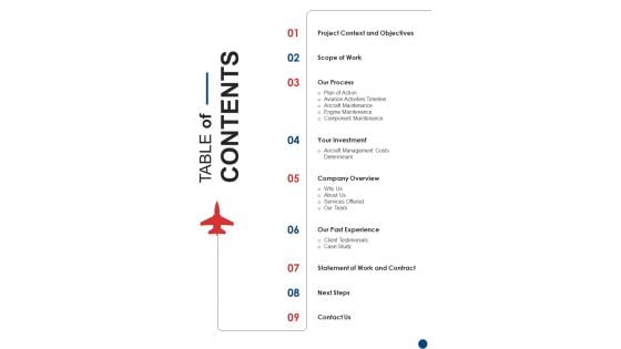 Table Of Contents Private Plane Administration Company Proposal One Pager Sample Example Document Table Of Contents Private Plane Administration Company Proposal One Pager Sample Example Document