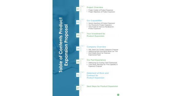 Table Of Contents Product Expansion Proposal One Pager Sample Example Document Table Of Contents Product Expansion Proposal One Pager Sample Example Document