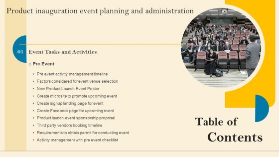 Table Of Contents Product Inauguration Event Planning And Administration Demonstration PDF