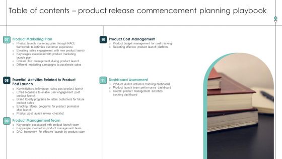 Table Of Contents Product Release Commencement Planning Playbook Sample PDF