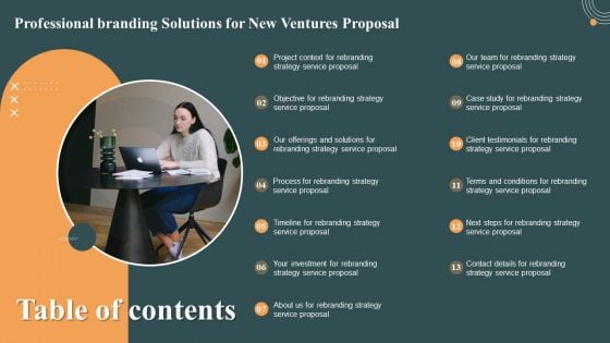 Table Of Contents Professional Branding Solutions For New Ventures Proposal Structure PDF