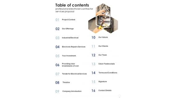 Table Of Contents Professional Electrician Contractor Services Proposal One Pager Sample Example Document Table Of Contents Professional Electrician Contractor Services Proposal One Pager Sample Example Document