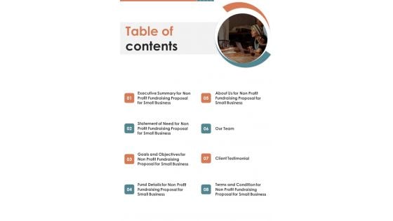 Table Of Contents Profit Fundraising Proposal For Small Business One Pager Sample Example Document Table Of Contents Profit Fundraising Proposal For Small Business One Pager Sample Example Document