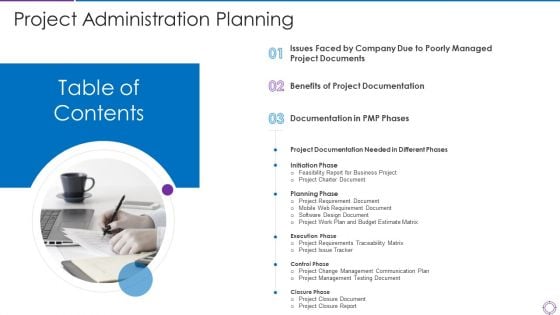 Table Of Contents Project Administration Planning Ppt PowerPoint Presentation File Design Ideas PDF