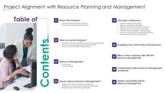 Table Of Contents Project Alignment With Resource Planning And Management Brochure PDF