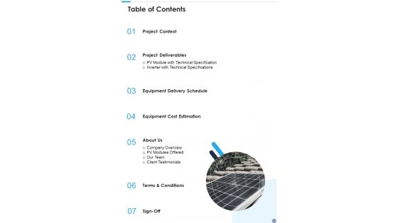 Table Of Contents Project Proposal For Solar Panel Sales One Pager Sample Example Document