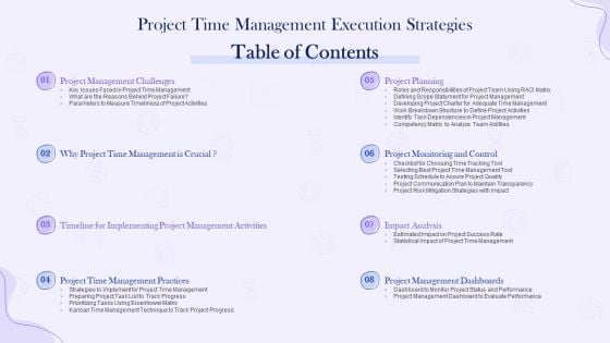 Table Of Contents Project Time Management Execution Strategies Topics PDF