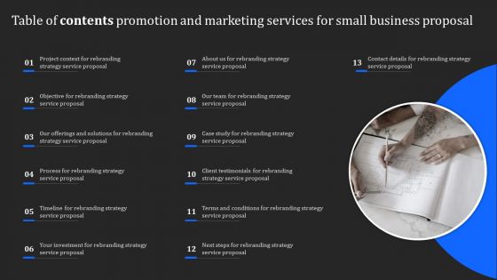 Table Of Contents Promotion And Marketing Services For Small Business Proposal Diagrams PDF