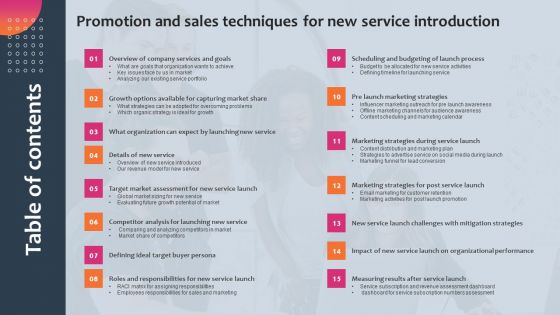 Table Of Contents Promotion And Sales Techniques For New Service Introduction Sample PDF