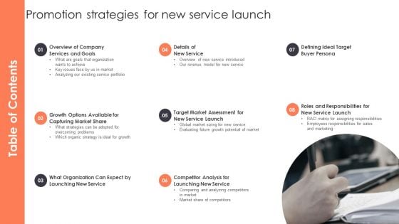 Table Of Contents Promotion Strategies For New Service Launch Brochure PDF