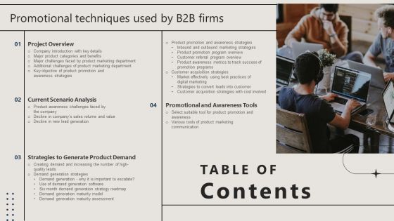 Table Of Contents Promotional Techniques Used By B2B Firms Guidelines PDF