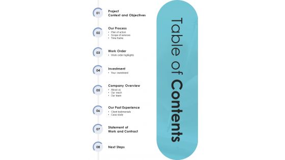 Table Of Contents Proposal Electronics Piping Lighting System Enhancement One Pager Sample Example Document Table Of Contents Proposal Electronics Piping Lighting System Enhancement One Pager Sample Example Document