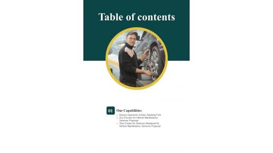 Table Of Contents Proposal For Automobile Repair And Maintenance One Pager Sample Example Document Table Of Contents Proposal For Automobile Repair And Maintenance One Pager Sample Example Document