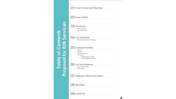 Table Of Contents Proposal For B2B Services One Pager Sample Example Document Table Of Contents Proposal For B2B Services One Pager Sample Example Document