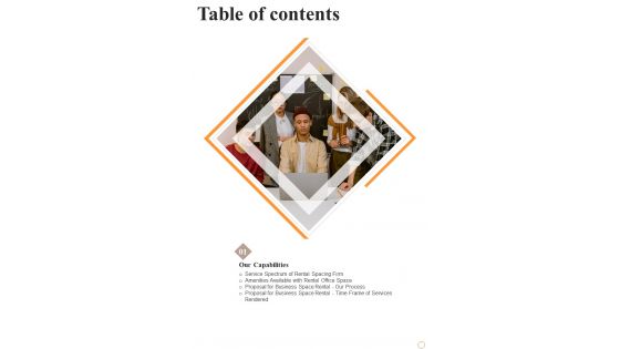 Table Of Contents Proposal For Business Space Rental One Pager Sample Example Document Table Of Contents Proposal For Business Space Rental One Pager Sample Example Document
