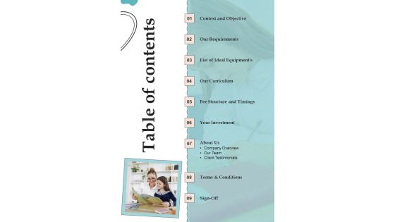 Table Of Contents Proposal For Child Daycare Center One Pager Sample Example Document Table Of Contents Proposal For Child Daycare Center One Pager Sample Example Document