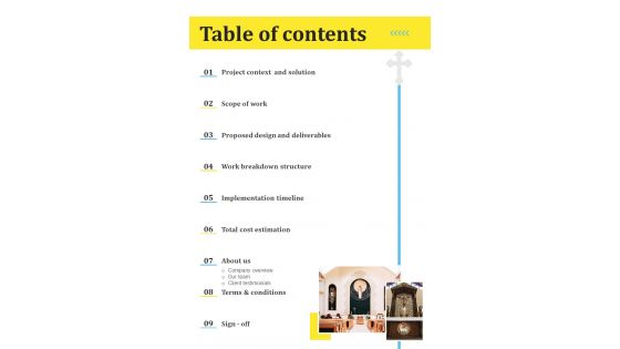 Table Of Contents Proposal For Church Building Development One Pager Sample Example Document Table Of Contents Proposal For Church Building Development One Pager Sample Example Document