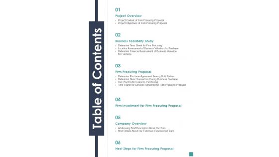 Table Of Contents Proposal For Company Acquisition One Pager Sample Example Document Table Of Contents Proposal For Company Acquisition One Pager Sample Example Document