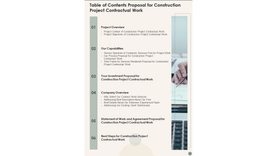 Table Of Contents Proposal For Construction Project Contractual Work One Pager Sample Example Document Table Of Contents Proposal For Construction Project Contractual Work One Pager Sample Example Document