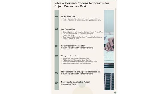 Table Of Contents Proposal For Construction Project Contractual Work One Pager Sample Example Document