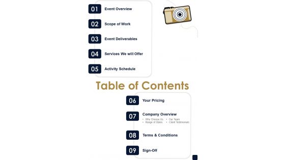 Table Of Contents Proposal For Corporate Photography And Videography Services One Pager Sample Example Document Table Of Contents Proposal For Corporate Photography And Videography Services One Pager Sample Example Document