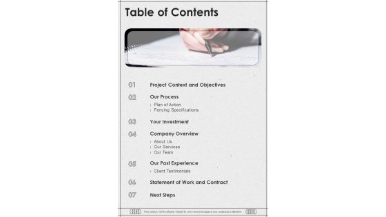 Table Of Contents Proposal For Fencing Setup One Pager Sample Example Document Table Of Contents Proposal For Fencing Setup One Pager Sample Example Document