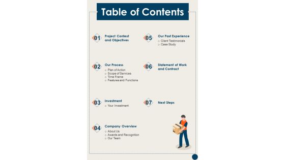 Table Of Contents Proposal For Goods Shipment Test Suite One Pager Sample Example Document Table Of Contents Proposal For Goods Shipment Test Suite One Pager Sample Example Document