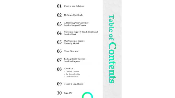 Table Of Contents Proposal For IT Assistance Services One Pager Sample Example Document Table Of Contents Proposal For IT Assistance Services One Pager Sample Example Document