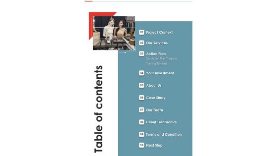 Table Of Contents Proposal For Installing Radio Frequency Identification One Pager Sample Example Document