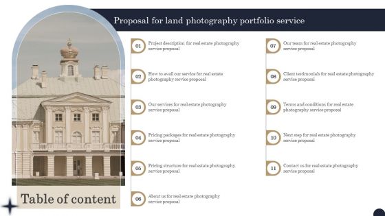 Table Of Contents Proposal For Land Photography Portfolio Service Summary PDF