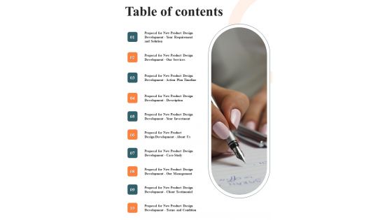 Table Of Contents Proposal For New Product Design Development One Pager Sample Example Document