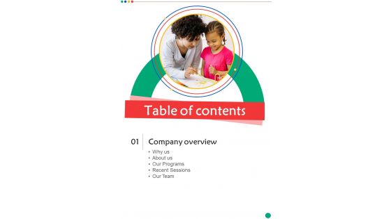 Table Of Contents Proposal For Nursery School One Pager Sample Example Document